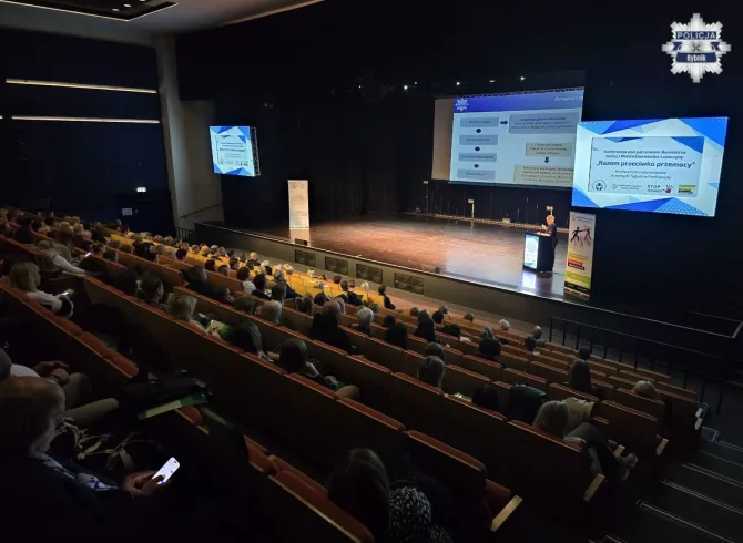 Konferencja profilaktyczna pod tytułem Razem przeciwko przemocy. Widok na scenę w Centrum Kulturalno-Edukacyjnym w Czerwionce-Leszczynach