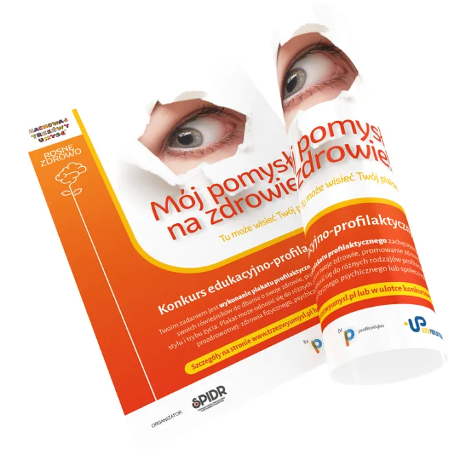 Na zdjęciu plakat konkursowy "Mój pomysł na zdrowie", na którym umieszczono między innymi opis zadania, jakie należy wykonać na potrzeby konkursu