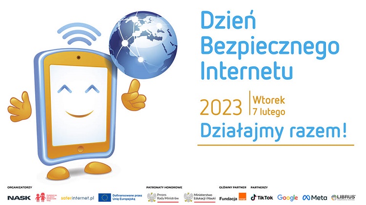 Plakat informujący o Dniu Bezpiecznego Internetu 2023, który przypada na dzień 7 lutego (wtorek). Hasło tegorocznego DBI: Działajmy razem!