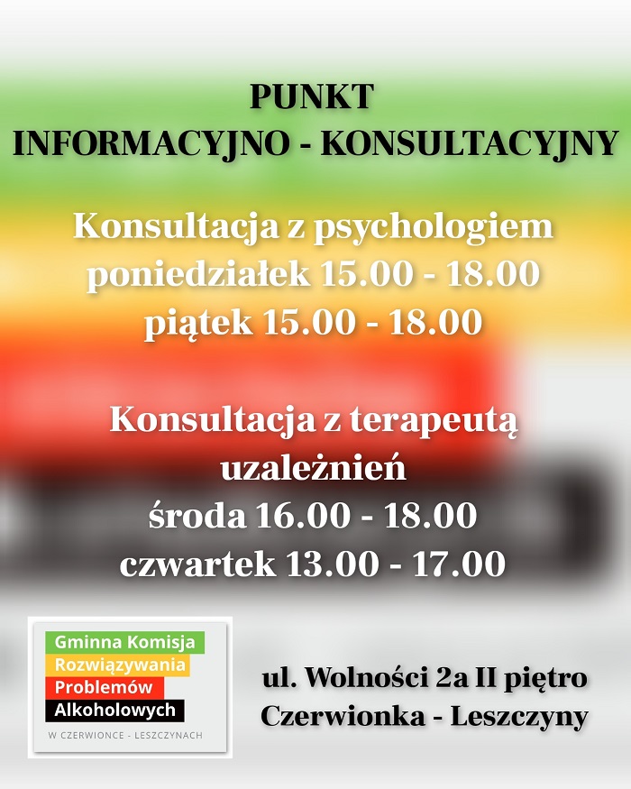 Plakat informujący o Punkcie informacyjno-konsultacyjnym przy ul. Wolności 2A w dzielnicy Czerwionka